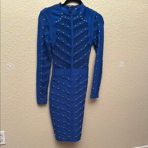 Gold Label Wow Couture. Size Small. Elegant Blue Studded Dress with see thru up